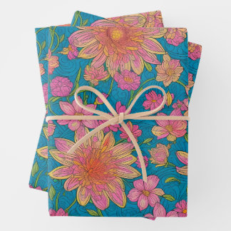 Muster rosa Blume auf blauem Hintergrund Geschenkpapier Set