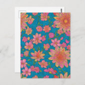 Muster rosa Blume auf blauem Hintergrund Postkarte (Vorne/Hinten)
