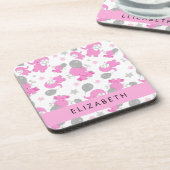 Muster rosa Elefanten, Sterne, Ihr Name Getränkeuntersetzer (Linke Seite)