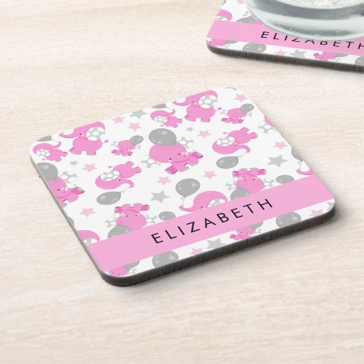 Muster rosa Elefanten, Sterne, Ihr Name Getränkeuntersetzer (Linke Seite)