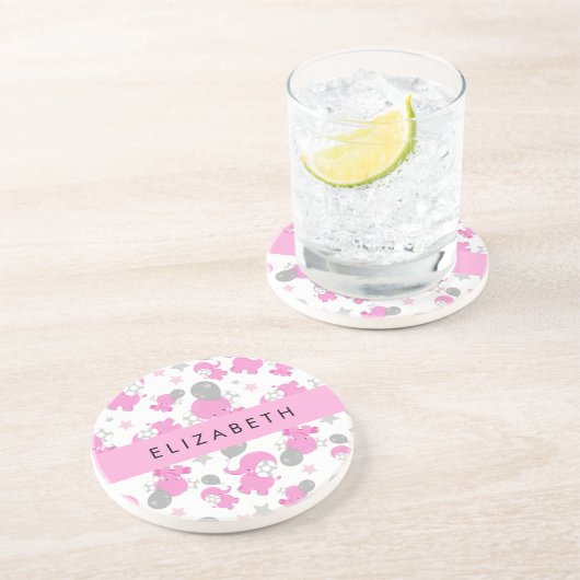 Muster rosa Elefanten, Sterne, Ihr Name Getränkeuntersetzer (Seite)