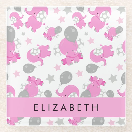 Muster rosa Elefanten, Sterne, Ihr Name Glasuntersetzer (Vorderseite)