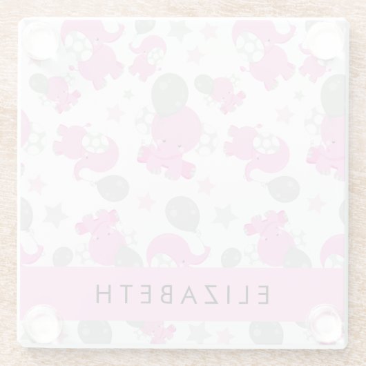 Muster rosa Elefanten, Sterne, Ihr Name Glasuntersetzer (Rückseite)