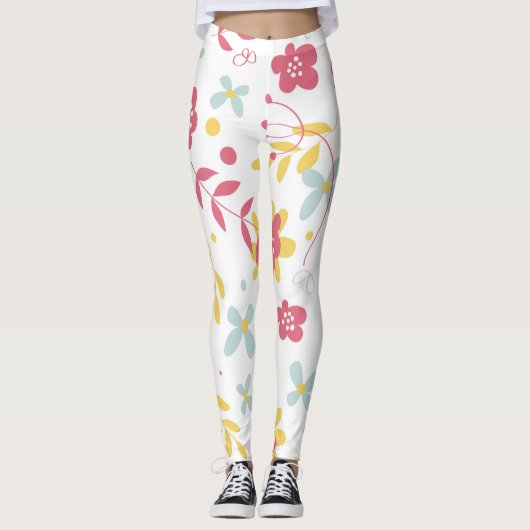 Muster Rosa, Golden & Light Blue Blumen Leggings (Vorderseite)