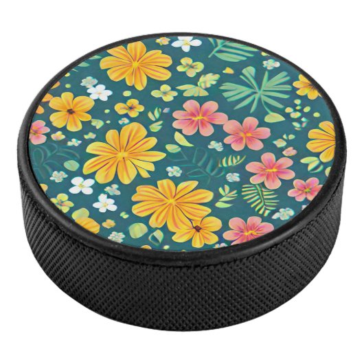 Muster tropischer Blätter und Blume Eishockey Puck (3/4)