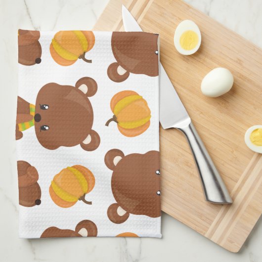 Muster von Bären, Niedlichen Bären, Fall, Kürbiski Geschirrtuch (Viertel Falte)