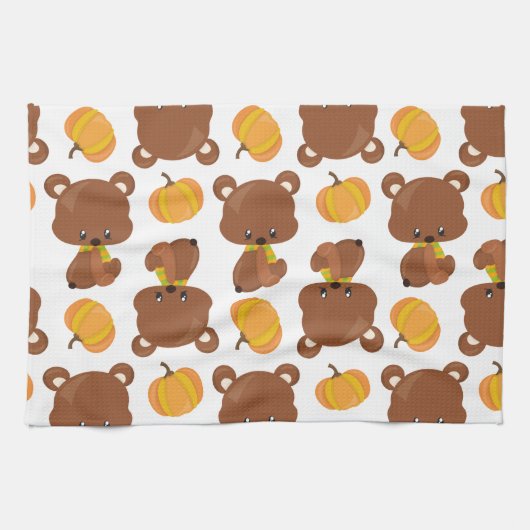 Muster von Bären, Niedlichen Bären, Fall, Kürbiski Geschirrtuch (Horizontal)