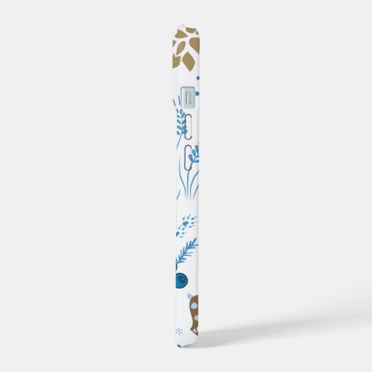 Muster von Bäumen, Hügeln, Kiefern und Schneeflock iPhone 15 Hülle (Linke Seite)