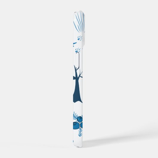 Muster von Bäumen, Hügeln, Kiefern und Schneeflock iPhone 15 Hülle (Rechte Seite)