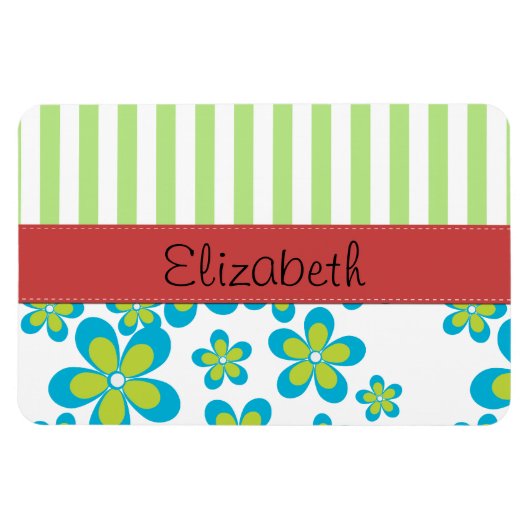 Muster von Blume, grünen Streifen, Ihr Name Magnet (Horizontal)
