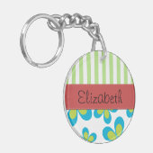 Muster von Blume, grünen Streifen, Ihr Name Schlüsselanhänger (Vorderseite links)