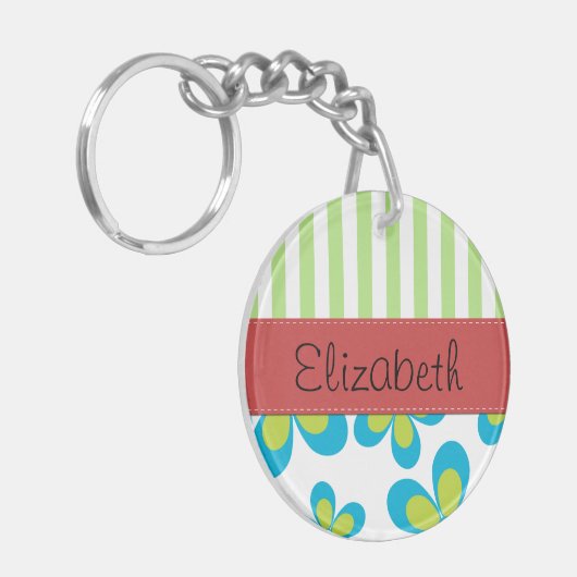 Muster von Blume, grünen Streifen, Ihr Name Schlüsselanhänger (Vorderseite links)