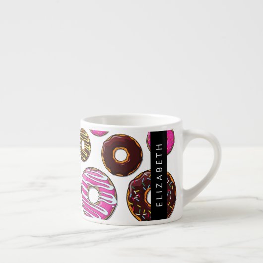 Muster von Donuts, farbenfrohe Donuts, Ihr Name Espressotasse (Rechts)
