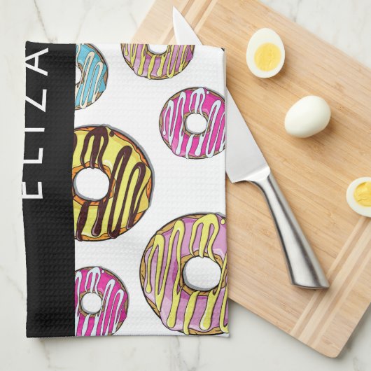 Muster von Donuts, farbenfrohe Donuts, Ihr Name Geschirrtuch (Viertel Falte)