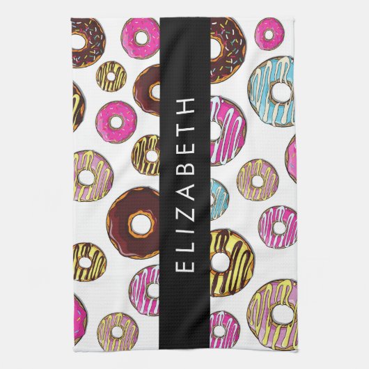 Muster von Donuts, farbenfrohe Donuts, Ihr Name Geschirrtuch (Vertikal)