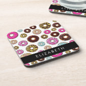 Muster von Donuts, farbenfrohe Donuts, Ihr Name Getränkeuntersetzer (Linke Seite)