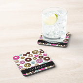 Muster von Donuts, farbenfrohe Donuts, Ihr Name Getränkeuntersetzer (Rechte Seite)