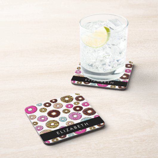 Muster von Donuts, farbenfrohe Donuts, Ihr Name Getränkeuntersetzer (Rechte Seite)