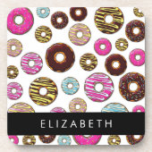 Muster von Donuts, farbenfrohe Donuts, Ihr Name Getränkeuntersetzer (Vorderseite)