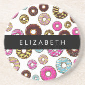 Muster von Donuts, farbenfrohe Donuts, Ihr Name Getränkeuntersetzer (Vorne)