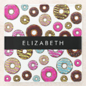 Muster von Donuts, farbenfrohe Donuts, Ihr Name Glasuntersetzer (Vorderseite)