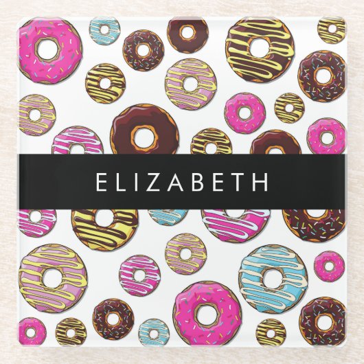 Muster von Donuts, farbenfrohe Donuts, Ihr Name Glasuntersetzer (Vorderseite)