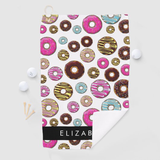 Muster von Donuts, farbenfrohe Donuts, Ihr Name Golfhandtuch (Insitu)