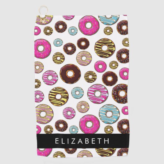 Muster von Donuts, farbenfrohe Donuts, Ihr Name Golfhandtuch (Vorderseite)