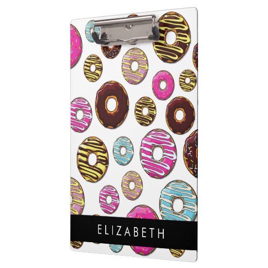 Muster von Donuts, farbenfrohe Donuts, Ihr Name Klemmbrett (Links)