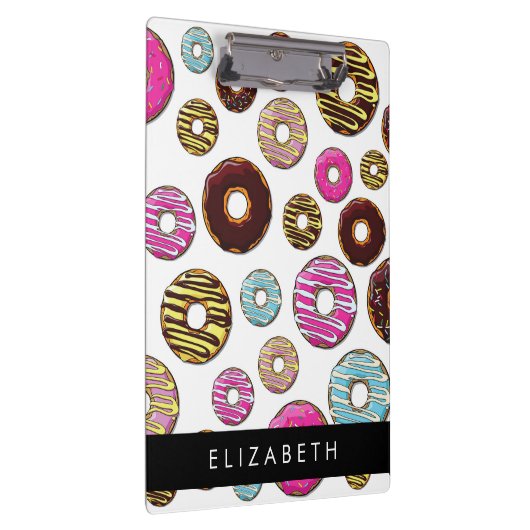 Muster von Donuts, farbenfrohe Donuts, Ihr Name Klemmbrett (Rechts)