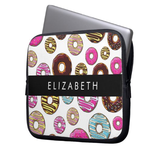 Muster von Donuts, farbenfrohe Donuts, Ihr Name Laptopschutzhülle (Vorderseite Links)