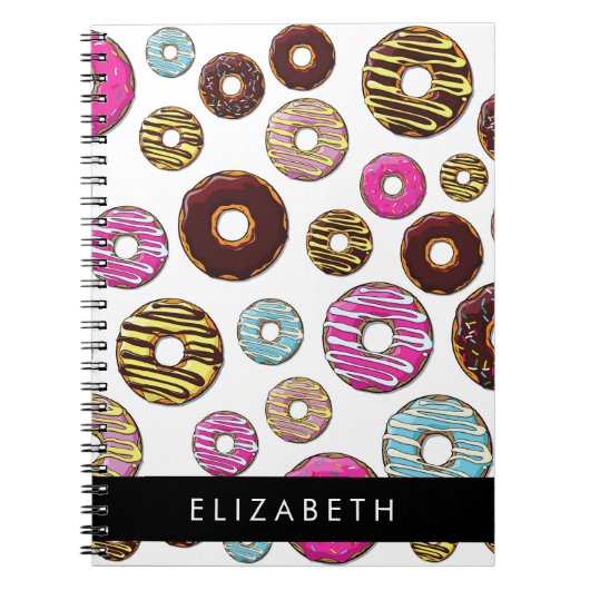Muster von Donuts, farbenfrohe Donuts, Ihr Name Notizblock (Vorderseite)