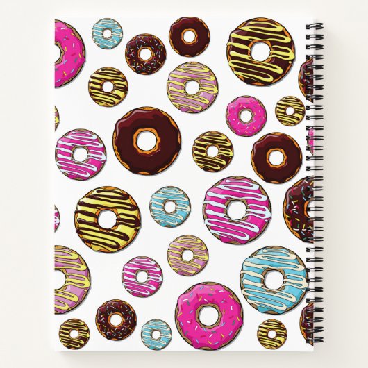 Muster von Donuts, farbenfrohe Donuts, Ihr Name Notizbuch (Rückseite)
