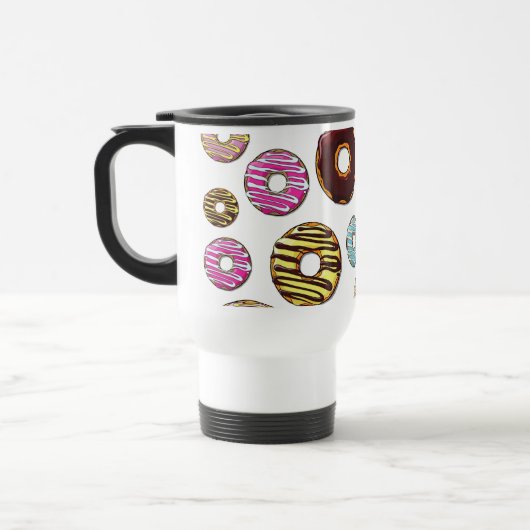 Muster von Donuts, farbenfrohe Donuts, Ihr Name Reisebecher (Links)