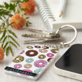 Muster von Donuts, farbenfrohe Donuts, Ihr Name Schlüsselanhänger (Vorderseite rechts)