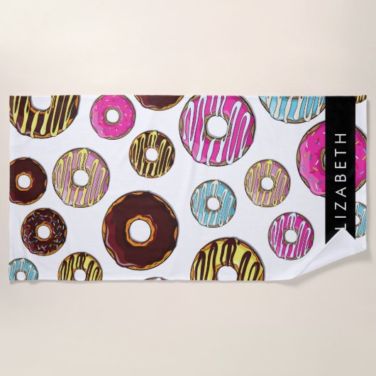 Muster von Donuts, farbenfrohe Donuts, Ihr Name Strandtuch (Vorderseite)