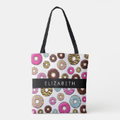 Muster von Donuts, farbenfrohe Donuts, Ihr Name Tasche (Rückseite)