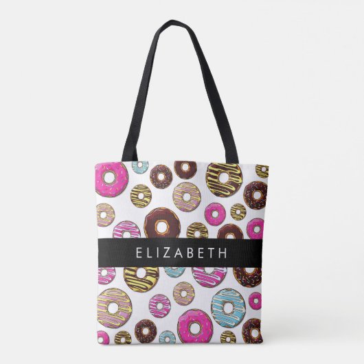 Muster von Donuts, farbenfrohe Donuts, Ihr Name Tasche (Rückseite)