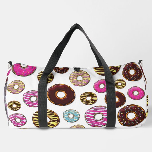 Muster von Donuts, farbenfrohe Donuts, Sprinklen Duffle Bag (Rückseite)