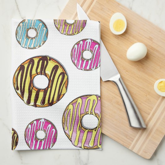 Muster von Donuts, farbenfrohe Donuts, Sprinklen Geschirrtuch (Viertel Falte)