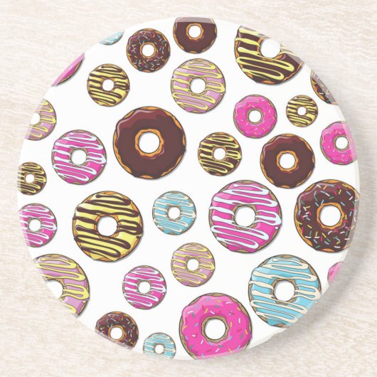 Muster von Donuts, farbenfrohe Donuts, Sprinklen Getränkeuntersetzer (Vorne)