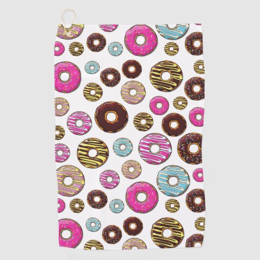 Muster von Donuts, farbenfrohe Donuts, Sprinklen Golfhandtuch (Vorderseite)