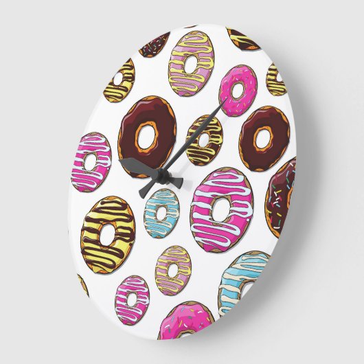 Muster von Donuts, farbenfrohe Donuts, Sprinklen Große Wanduhr (Winkel)