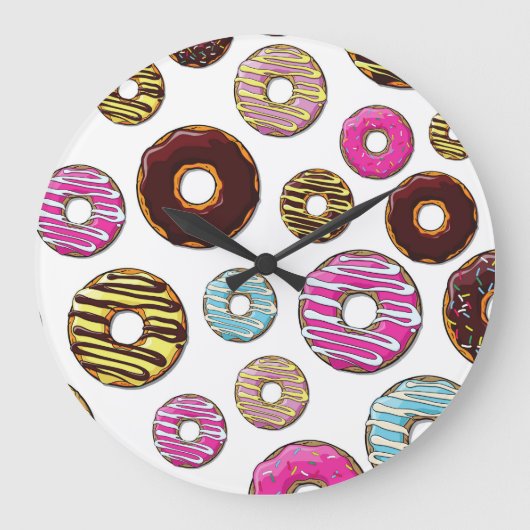 Muster von Donuts, farbenfrohe Donuts, Sprinklen Große Wanduhr (Vorderseite)