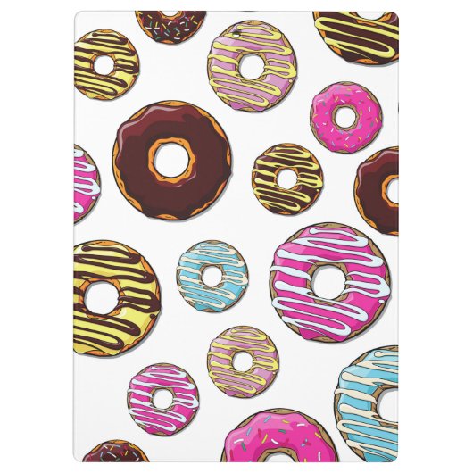 Muster von Donuts, farbenfrohe Donuts, Sprinklen Klemmbrett (Rückseite)