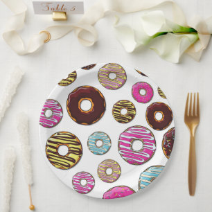 Muster von Donuts, farbenfrohe Donuts, Sprinklen Pappteller