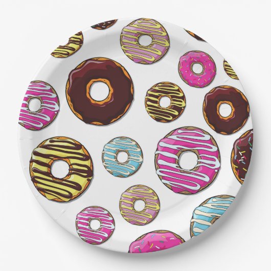 Muster von Donuts, farbenfrohe Donuts, Sprinklen Pappteller (Vorderseite)