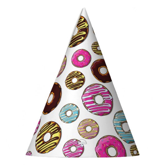 Muster von Donuts, farbenfrohe Donuts, Sprinklen Partyhütchen (Links)