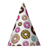 Muster von Donuts, farbenfrohe Donuts, Sprinklen Partyhütchen (Rechts)