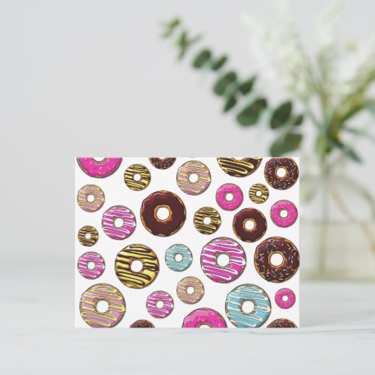 Muster von Donuts, farbenfrohe Donuts, Sprinklen Postkarte (Stehend Vorderseite)